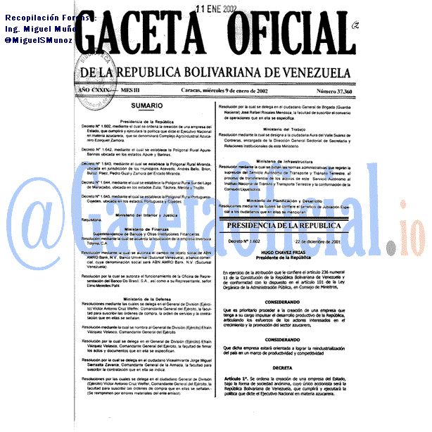 Gaceta Oficial 37360 del 9 Enero 2002