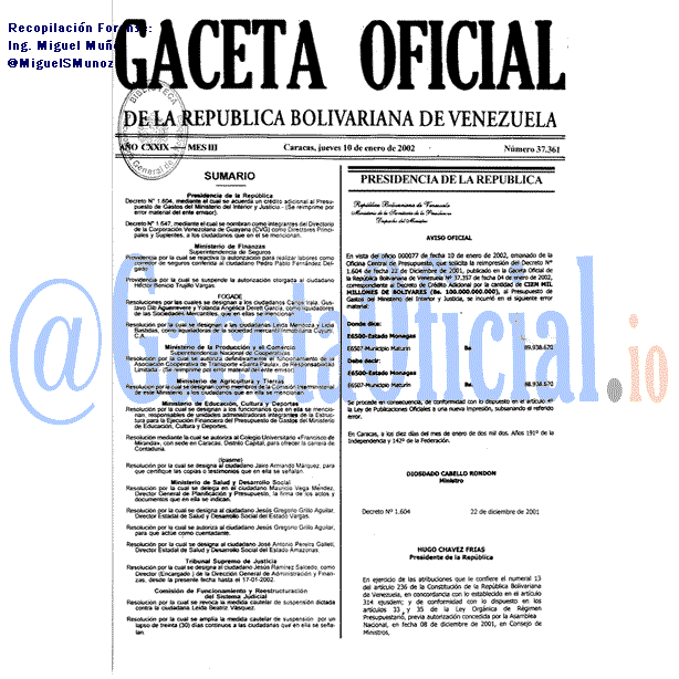 Gaceta Oficial 37361 del 10 Enero 2002