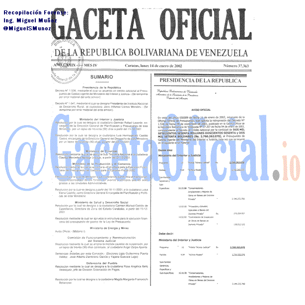 Gaceta Oficial 37363 del 14 Enero 2002
