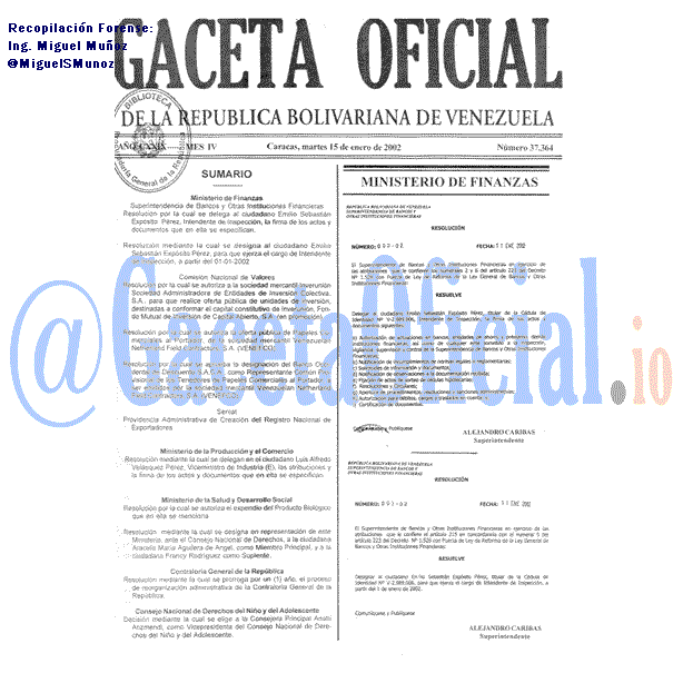 Gaceta Oficial 37364 del 15 Enero 2002