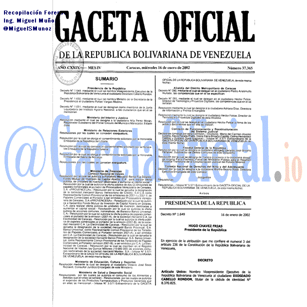 Gaceta Oficial 37365 del 16 Enero 2002