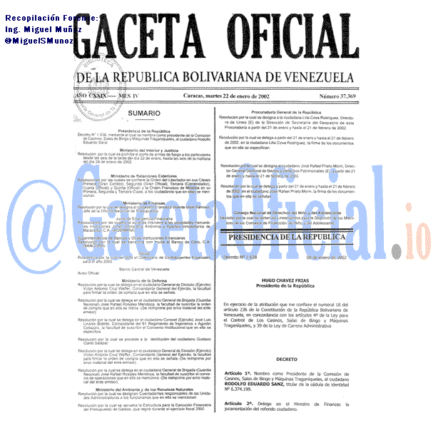 Gaceta Oficial 37369 del 22 Enero 2002