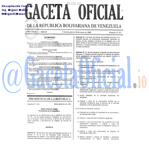 Gaceta Oficial 37371 del 24 Enero 2002