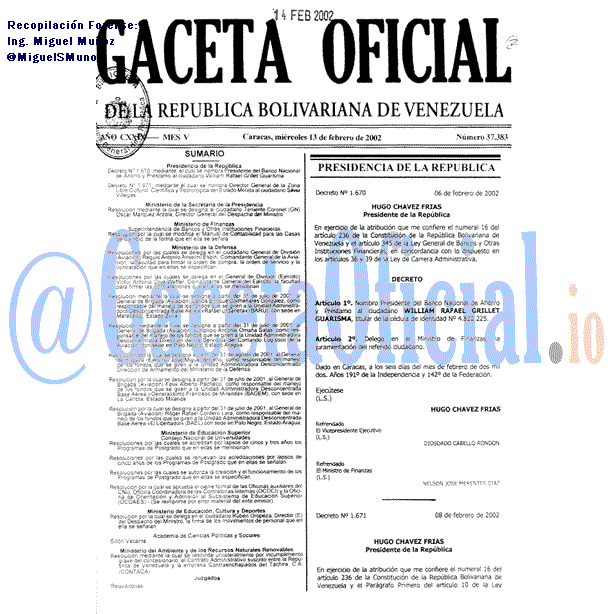 Gaceta Oficial 37383 del 13 Febrero 2002