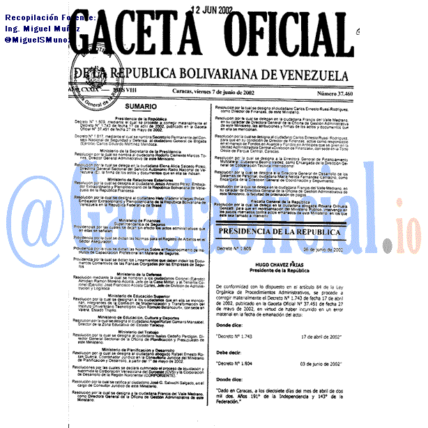 Gaceta Oficial 37460 del 7 Junio 2002