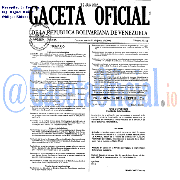 Gaceta Oficial 37462 del 11 Junio 2002
