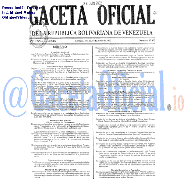 Gaceta Oficial 37473 del 27 Junio 2002