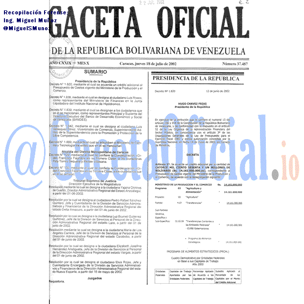 Gaceta Oficial 37487 del 18 Julio 2002
