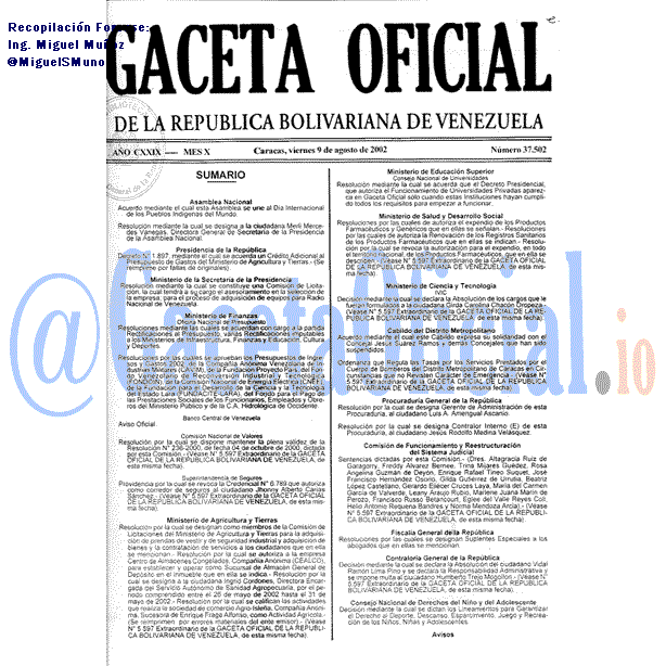 Gaceta Oficial 37502 del 9 Agosto 2002