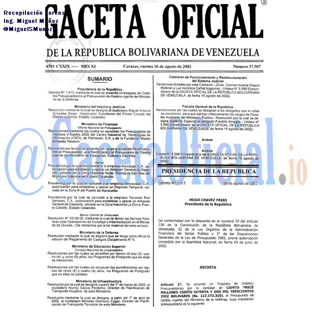 Gaceta Oficial 37507 del 16 Agosto 2002