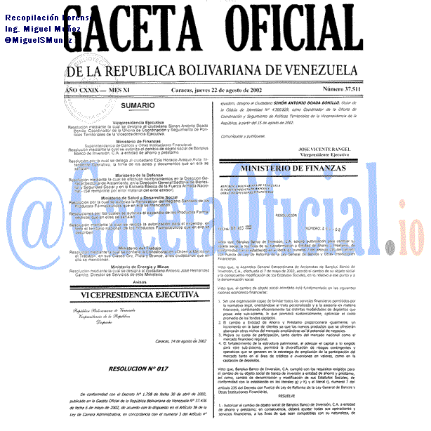 Gaceta Oficial 37511 del 22 Agosto 2002