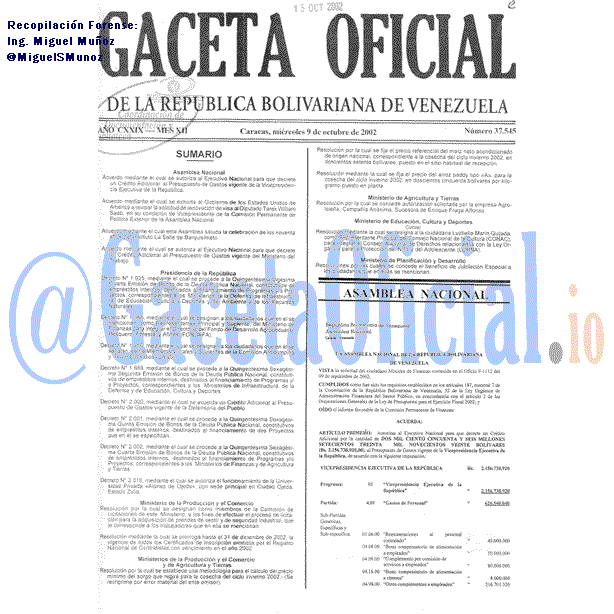 Gaceta Oficial 37545 del 9 Octubre 2002