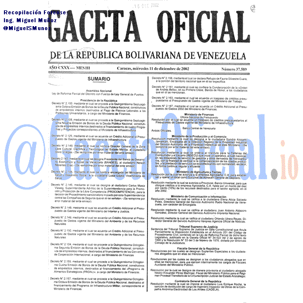 Gaceta Oficial 37589 del 11 Diciembre 2002