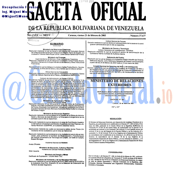 Gaceta Oficial 37637 del 21 Febrero 2003