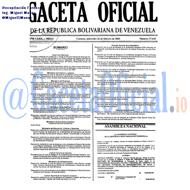 Gaceta Oficial 37640 del 26 Febrero 2003
