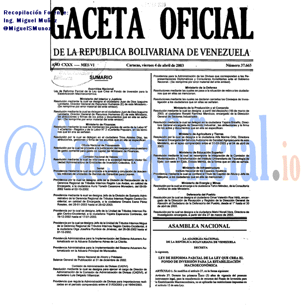 Gaceta Oficial 37665 del 4 Abril 2003