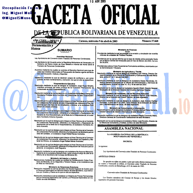 Gaceta Oficial 37668 del 9 Abril 2003