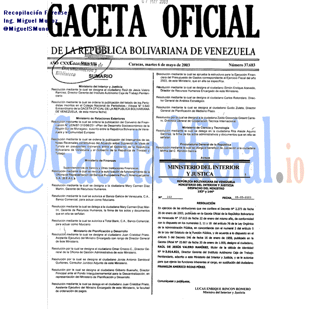 Gaceta Oficial 37683 del 6 Mayo 2003