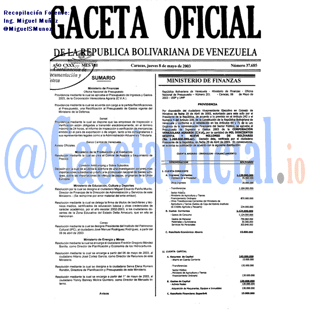 Gaceta Oficial 37685 del 8 Mayo 2003