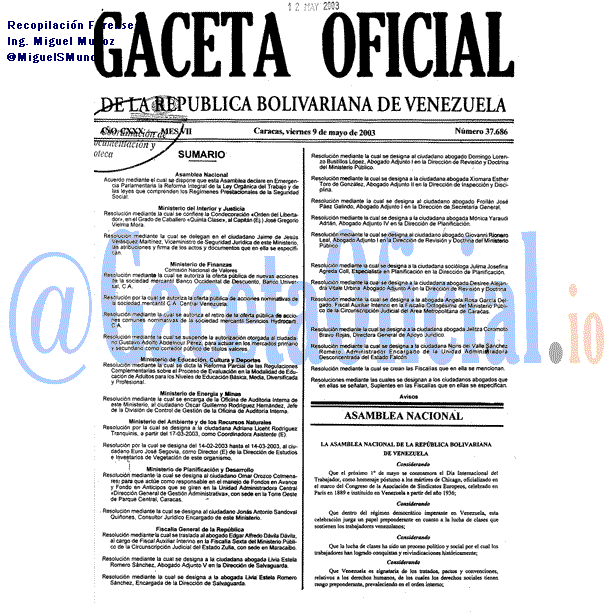 Gaceta Oficial 37686 del 9 Mayo 2003