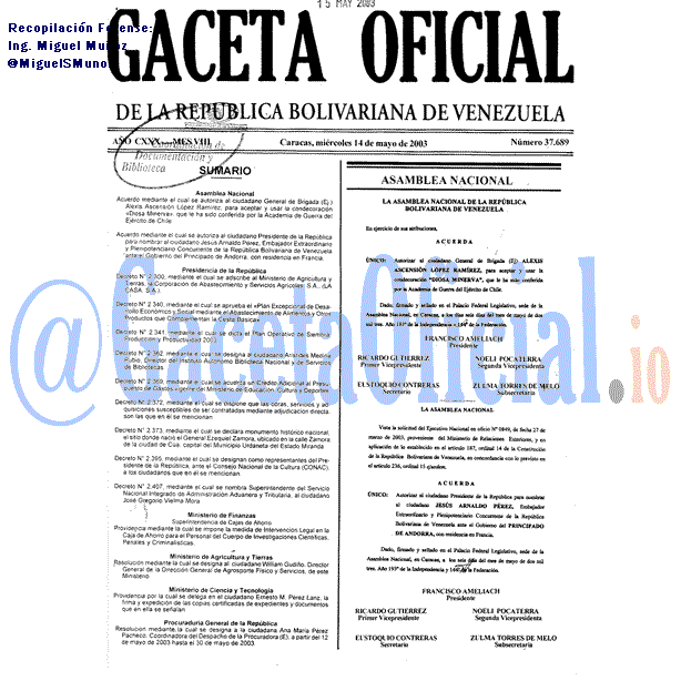Gaceta Oficial 37689 del 14 Mayo 2003