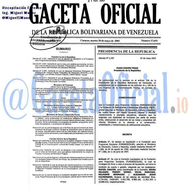Gaceta Oficial 37693 del 20 Mayo 2003