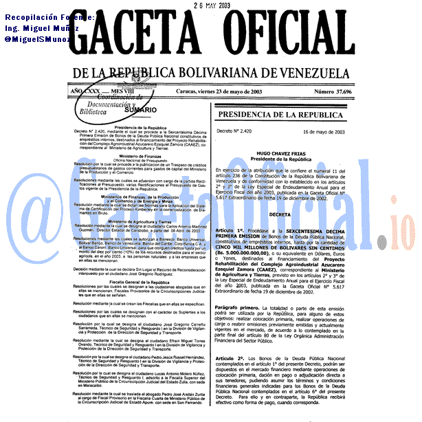 Gaceta Oficial 37696 del 23 Mayo 2003