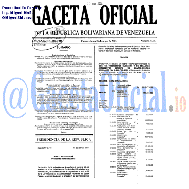 Gaceta Oficial 37697 del 26 Mayo 2003