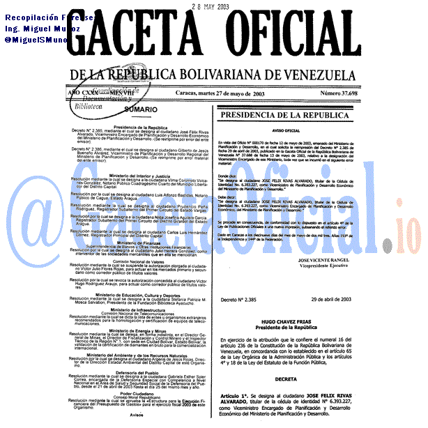 Gaceta Oficial 37698 del 27 Mayo 2003