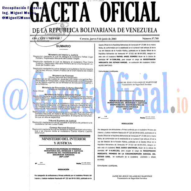 Gaceta Oficial 37705 del 5 Junio 2003