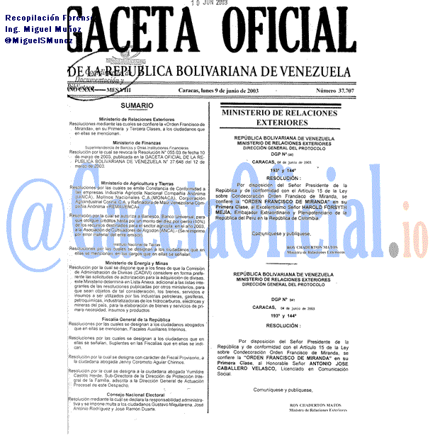 Gaceta Oficial 37707 del 9 Junio 2003
