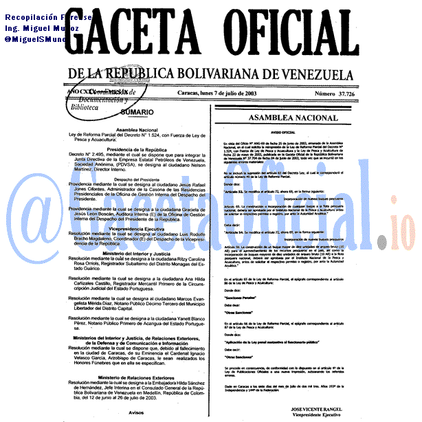 Gaceta Oficial 37726 del 7 Julio 2003