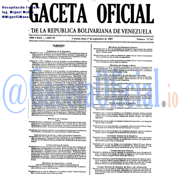 Gaceta Oficial 37765 del 1 Septiembre 2003