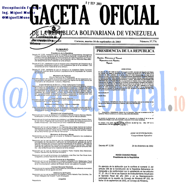 Gaceta Oficial 37776 del 16 Septiembre 2003