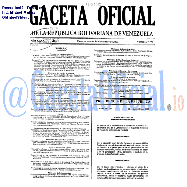 Gaceta Oficial 37796 del 14 Octubre 2003