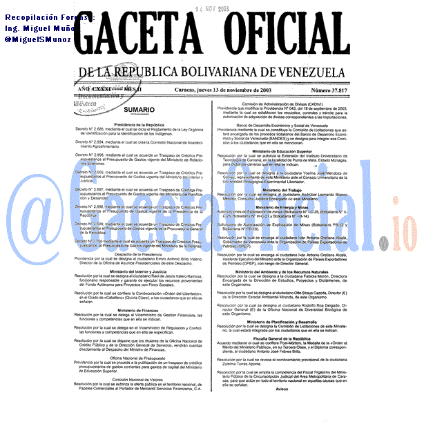 Gaceta Oficial 37817 del 13 Noviembre 2003