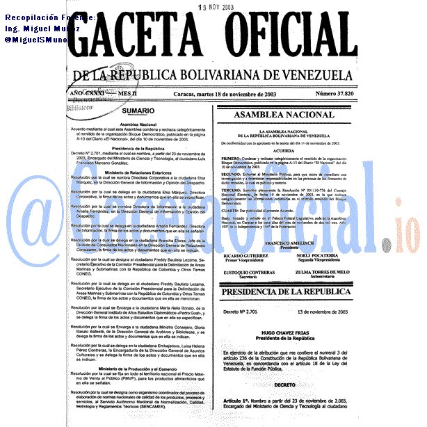 Gaceta Oficial 37820 del 18 Noviembre 2003