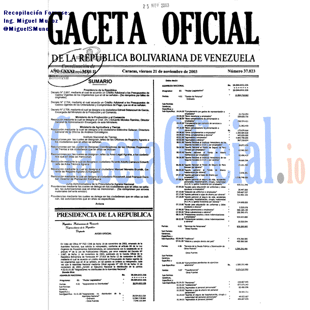 Gaceta Oficial 37823 del 21 Noviembre 2003