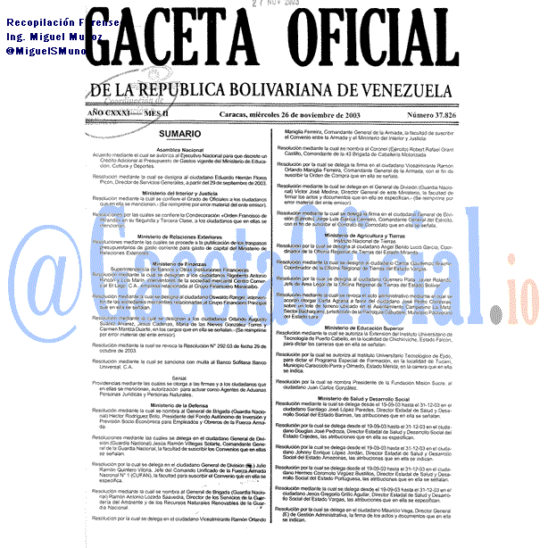 Gaceta Oficial 37826 del 26 Noviembre 2003