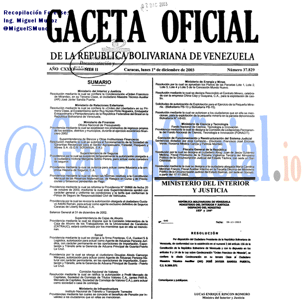 Gaceta Oficial 37829 del 1 Diciembre 2003