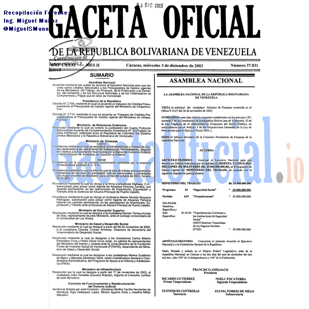 Gaceta Oficial 37831 del 3 Diciembre 2003