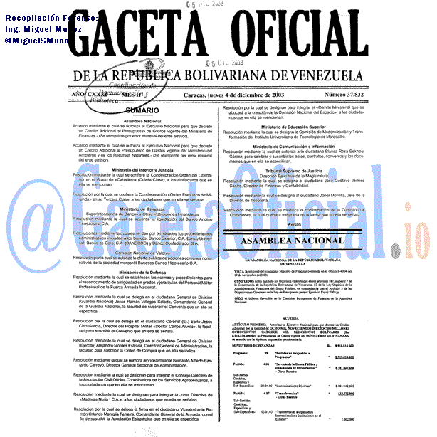 Gaceta Oficial 37832 del 4 Diciembre 2003