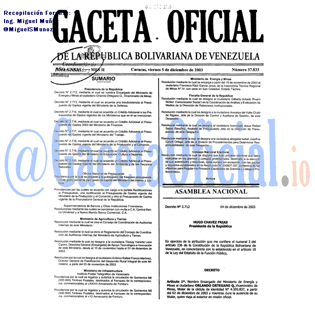 Gaceta Oficial 37833 del 5 Diciembre 2003