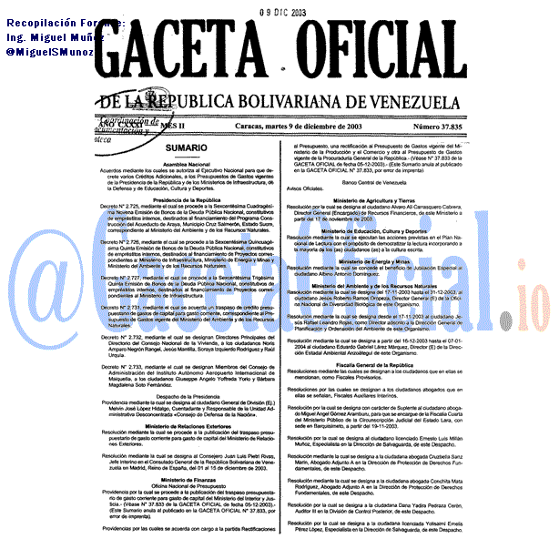 Gaceta Oficial 37835 del 9 Diciembre 2003