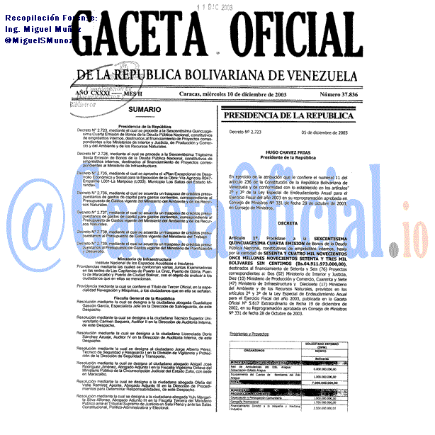 Gaceta Oficial 37836 del 10 Diciembre 2003
