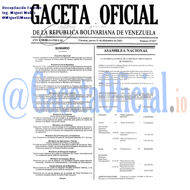 Gaceta Oficial 37837 del 11 Diciembre 2003