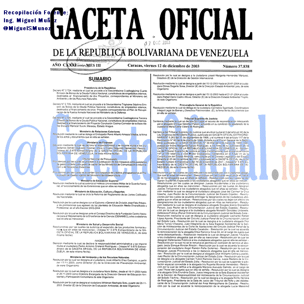 Gaceta Oficial 37838 del 12 Diciembre 2003
