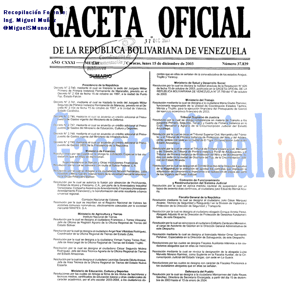 Gaceta Oficial 37839 del 15 Diciembre 2003