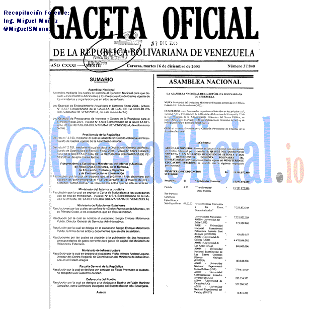 Gaceta Oficial 37840 del 16 Diciembre 2003