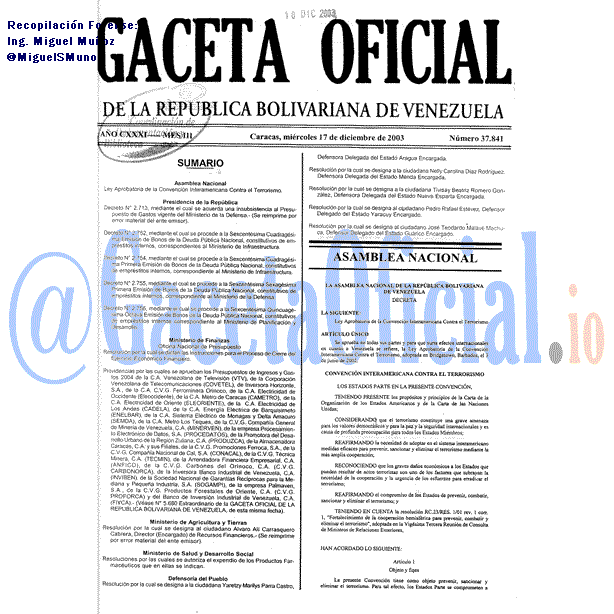 Gaceta Oficial 37841 del 17 Diciembre 2003